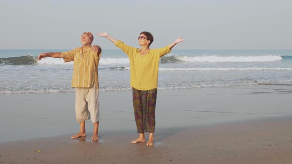 Aged Couple Practicing Yoga on the Beach
