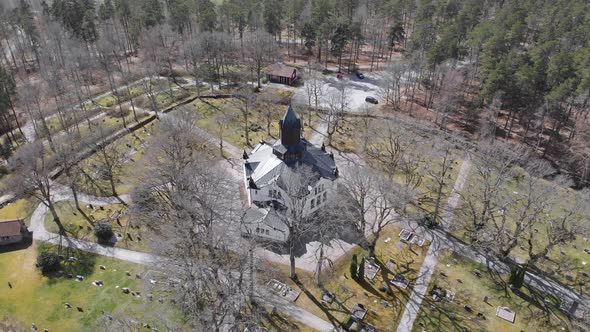 Beautiful Round Church Isolated And Surrounded By Bare Trees Circle Aerial
