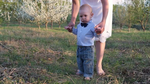 the Baby Takes His First Steps on the Grass the Mother Walks with Her Son in Nature the Baby Takes