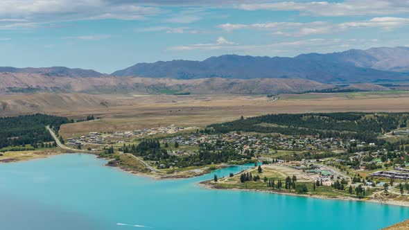Lake Tekapo, New Zealand - Time Lapse from Aerial View. New Zealand Landscape alt