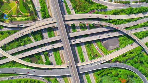 Stunning Aerial view drone shot above freeway traffic alt