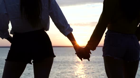 Female couple holding hands. 