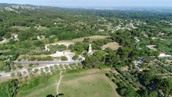 Mausoleum of Glanum in Saint-Remy-de-Provence in France from the sky alt