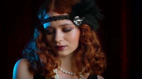 Portrait Of Vintage Woman Dressed In Great Gatsby Posing On Velours Background Stock Footage 