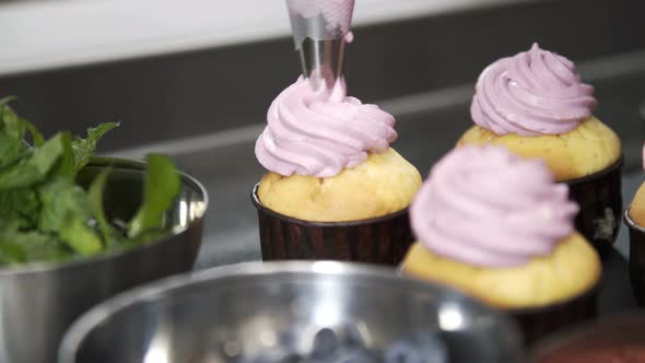 Putting Blueberry Butter Cream on Tasty Muffin. Close Up Shot alt