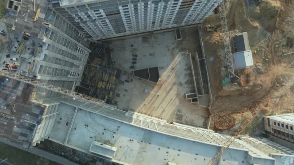 Construction Site Of A New City Block. Construction Of Multi Storey Buildings. Construction Site At