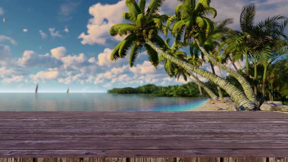 Empty wooden planks with blur beach on background 4K alt