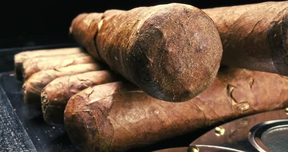 Cigars in humidor with cutter. Expensive cigar, humidor and cutter. alt