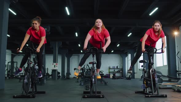 Healthy Caucasian Group of Women Exercising Workout on Stationary Cycling Machine Bike in Gym alt