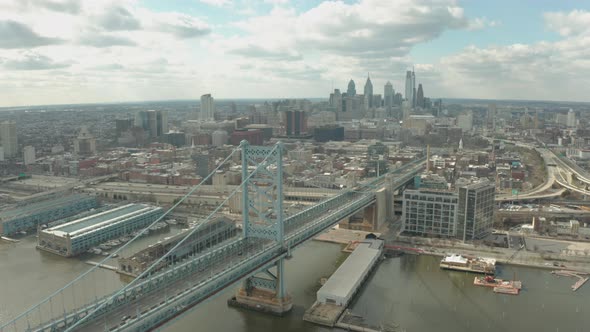Aerial Drone Shot of Benjamin Franklin Bridge and Philadelphia Skyline