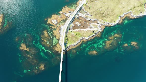 Scenic Aerial Footage of Beautiful Road with Bridge on the Island Smola, Norway