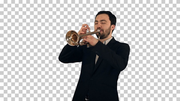 Young musician playing trumpet, Alpha Channel