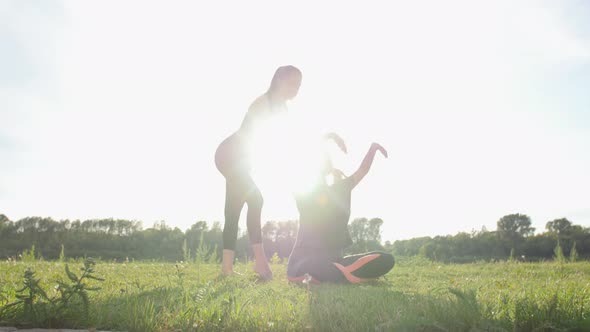 Fitness, Sport, Friendship and Lifestyle Concept - Two Young Women Are Training Stretching Outdoors alt