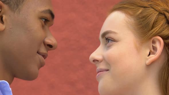 Sun-Kissed Female Teen Ready to Kiss Mixed-Race Boyfriend, Romantic Date, Love alt