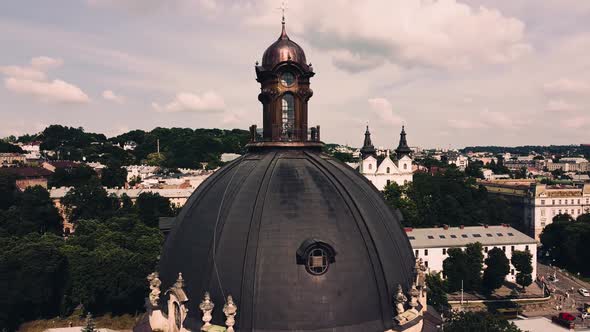 Aerial drone view of a flying over the Catholic Cathedral. alt