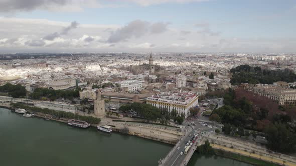 Aerial view Seville Panorama Cityscape and landmark attractions, Andalusia - Spain