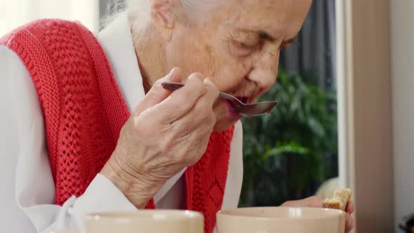 Elderly Woman Eating Dinner at Home