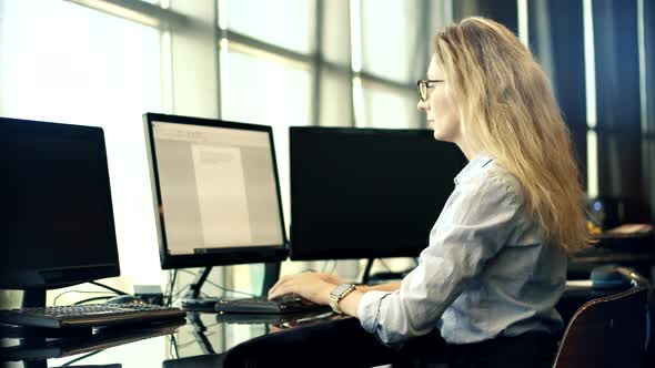 Woman Software Developer Coding On Computer PC And Remote Chatting Webinar. Design Internet Online. alt