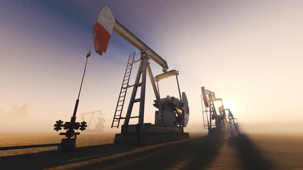 Loopable shot of oil pumps pumping oil on a field with god rays. Oil industry 4K alt