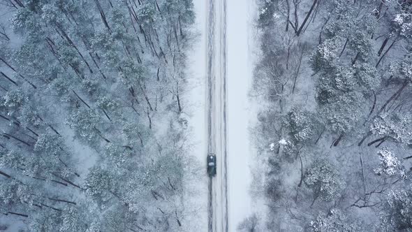 Aerial View of a Car Rides on a Road Surrounded By Winter Forest in Snowfall alt