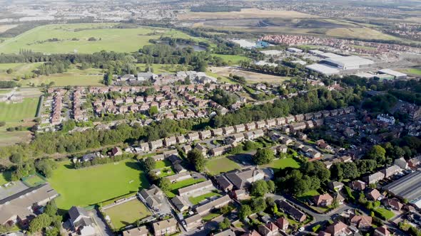 Aerial footage of the UK town known as Pontefract, located in Wakefield West Yorkshire in the UK alt