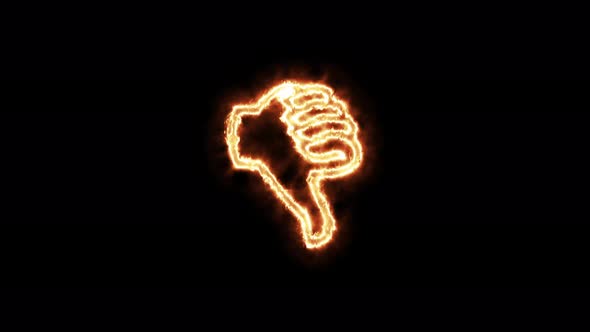Animated hand sign and thumb down on fire.  Animation on a black background burning in a flame. alt
