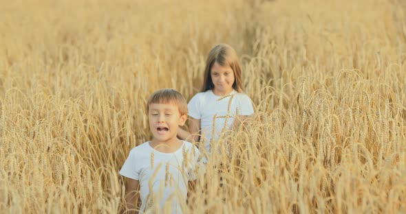 Cheerful Children Go on a Rye Field and Have Fun