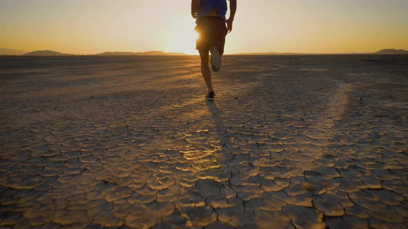 Athletic man working out with battle ropes on a dry lake at sunset alt
