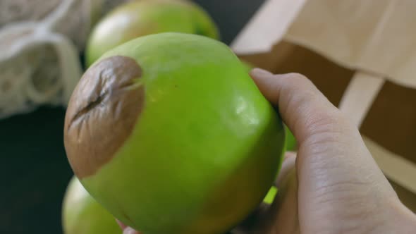 Closeup Show a Large Green Apple Slowly Turn It Clockwise and Rot Is Visible on the Apple alt