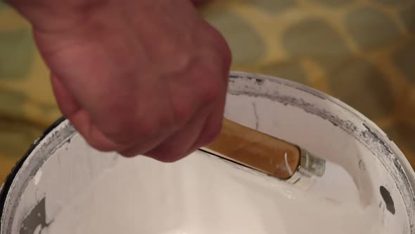 Dipping brush in bucket of white paint
