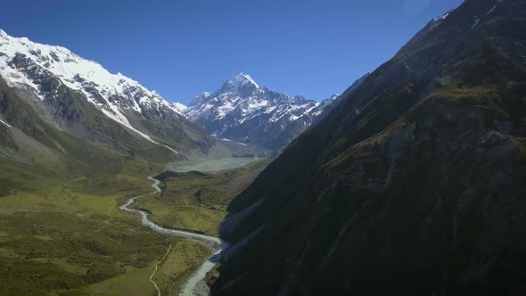 Mt Cook, New Zealand - Aerial view by drone flying over Hooker valley track alt