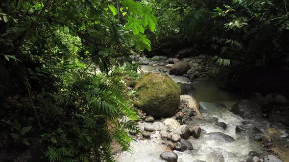 A tropical stream with clear water and loads of small pebbles and a large boulder cover in moss alt