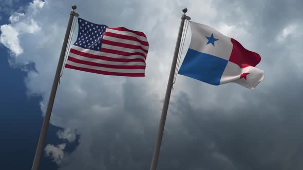 Waving Flags Of The United States And The Panama 4K alt