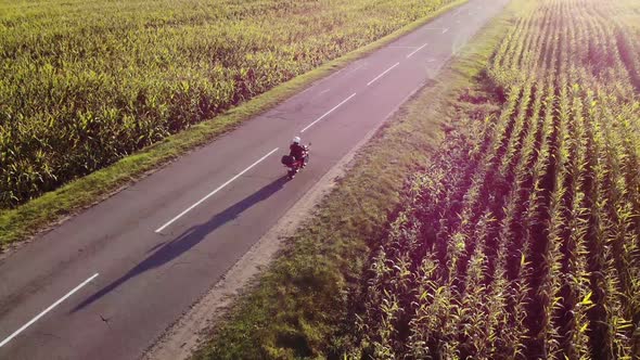 Motorcycle Riding By Country Road on Sunset, Beautiful Adventure Travel Footage Shot From Drone, Top