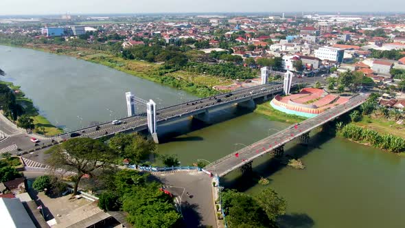 Panoramic aerial view of Brantas river and Brawijaya bridge in Kediri ...