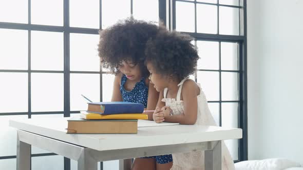 Two African American little girls enjoy to play together as teacher and ...