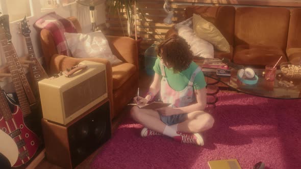 Girl Doing Homework in Retro Room alt