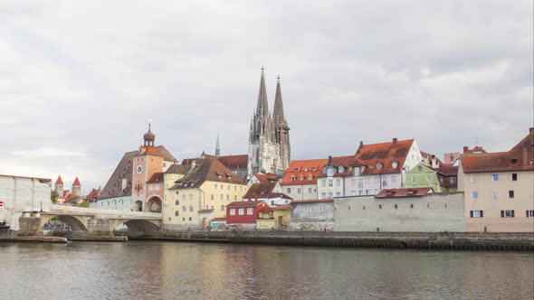 Cathedral, bridge and medieval gate in Regensburg, Germany