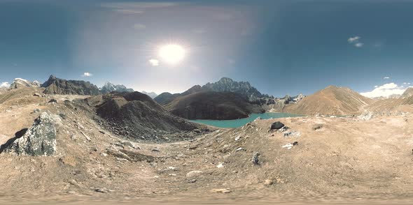 VR Gokyo Ri Mountain Lake at the Winter Season. Wild Himalayas High Altitude Nature and Mount Valley alt