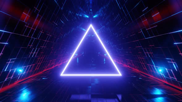 Neon triangle flying through an abstract sci-fi endless tunnel