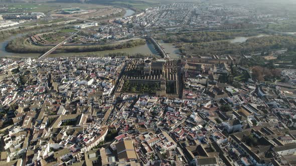 Mezquita Cathedral and Roman Bridge over Guadalquivir; high altitude shot