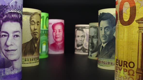 Foreign currency money exchange concept. Many banknotes of different nations. alt