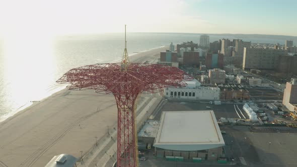 Aerial Drone Shot Orbiting the Parachute Tower at Coney Island During Winter