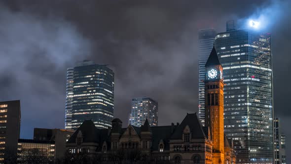 City Night Skyline Toronto Historic Architecture with Fog