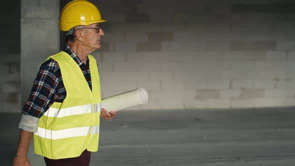 Caucasian senior engineer walking and holding plans on construction site. alt
