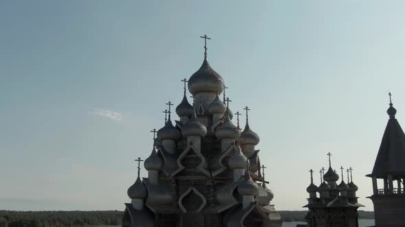 a Cinematic Shot From the Air Around the Wooden Walkway of Kizhi alt