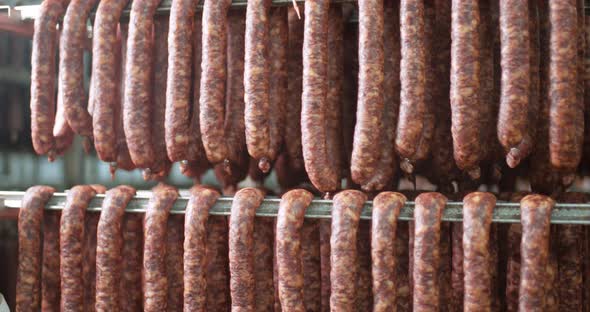 Meat Production and Food Industry, View of Ready Meat Products, Smoked Sausages, Production Line of alt