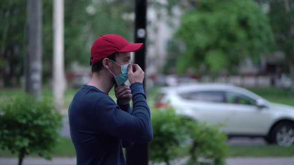 Pandemic Young Man Wearing Protective Mask Walking Outdoors