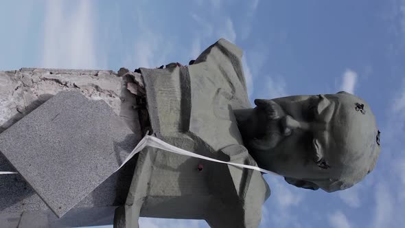 Vertical Video of the Shevchenko Monument Destroyed By the War in Borodyanka Ukraine alt