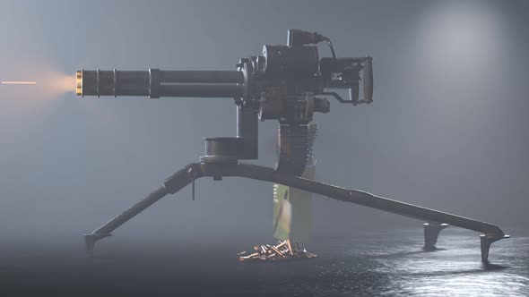 Minigun firing to the invisible target. Deadly firearm rapidly shooting bullets. alt